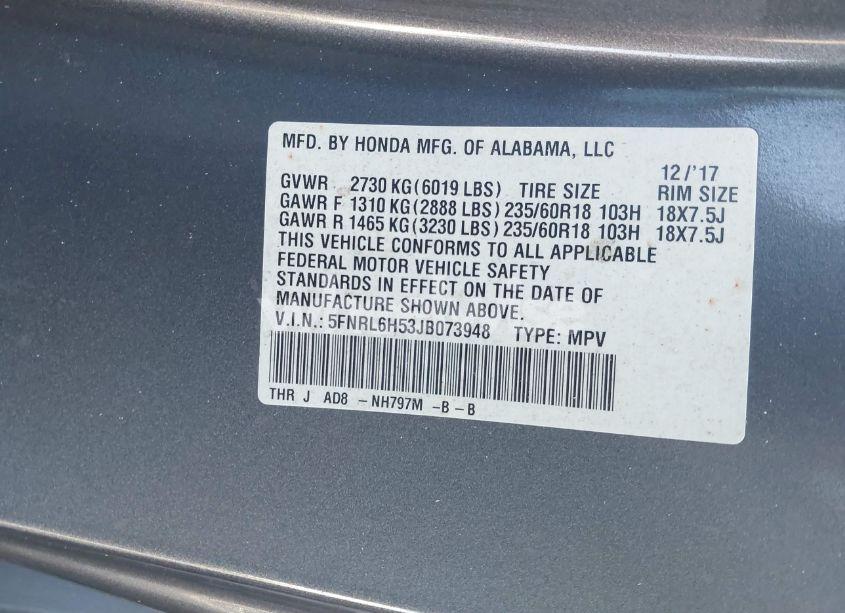 Photo 9 of 2018 Honda Odyssey EX (VIN 5FNRL6H53JB073948)