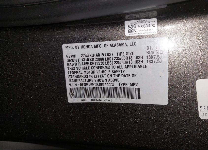 Photo 9 of 2018 Honda Odyssey EX (VIN 5FNRL6H53JB077773)