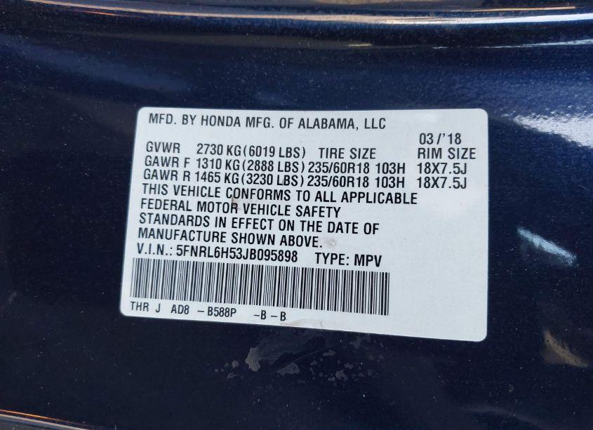 Photo 9 of 2018 Honda Odyssey EX (VIN 5FNRL6H53JB095898)