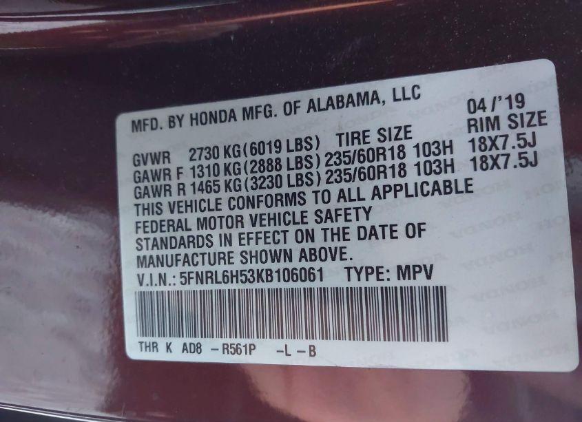 Photo 9 of 2019 Honda Odyssey EX (VIN 5FNRL6H53KB106061)