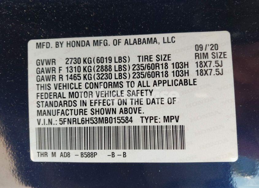 Photo 9 of 2021 Honda Odyssey EX (VIN 5FNRL6H53MB015584)