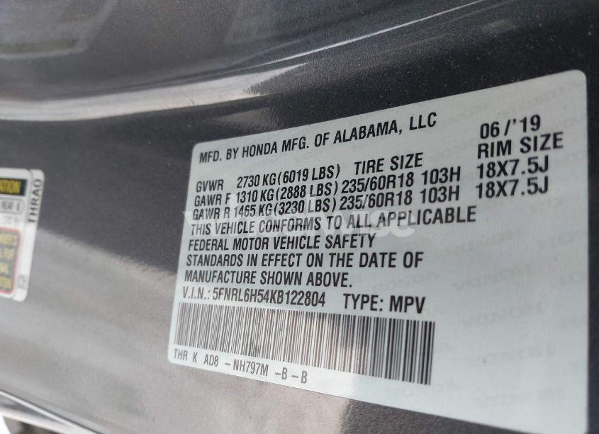 Photo 9 of 2019 Honda Odyssey EX (VIN 5FNRL6H54KB122804)