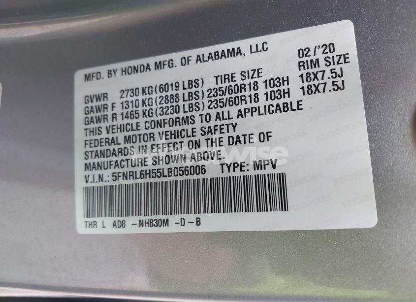 Photo 9 of 2020 Honda Odyssey EX (VIN 5FNRL6H55LB056006)
