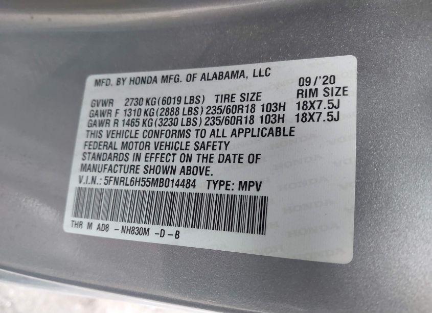 Photo 9 of 2021 Honda Odyssey EX (VIN 5FNRL6H55MB014484)