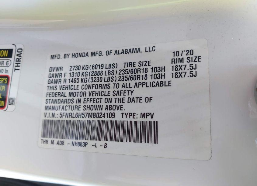 Photo 9 of 2021 Honda Odyssey EX (VIN 5FNRL6H57MB024109)