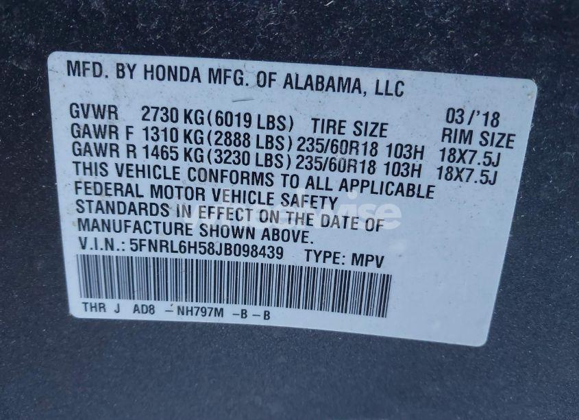 Photo 9 of 2018 Honda Odyssey EX (VIN 5FNRL6H58JB098439)