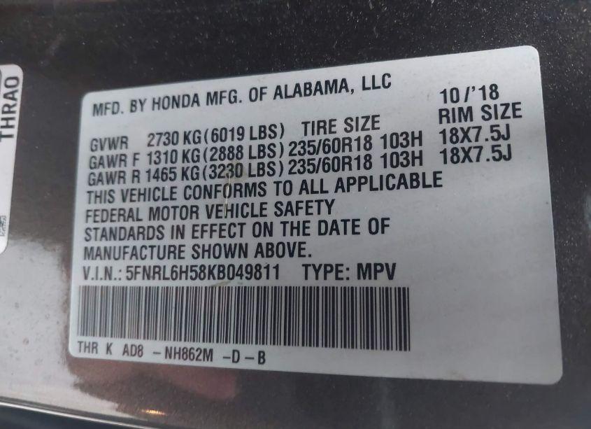 Photo 9 of 2019 Honda Odyssey EX (VIN 5FNRL6H58KB049811)