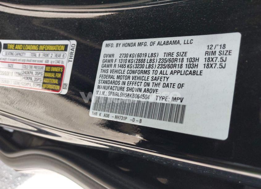 Photo 9 of 2019 Honda Odyssey EX (VIN 5FNRL6H58KB064504)