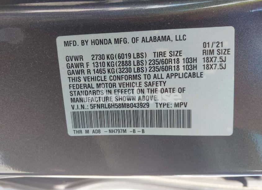 Photo 9 of 2021 Honda Odyssey EX (VIN 5FNRL6H58MB043929)