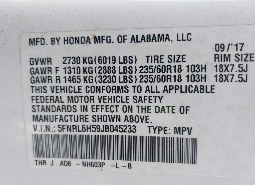 Photo 9 of 2018 Honda Odyssey EX (VIN 5FNRL6H59JB045233)