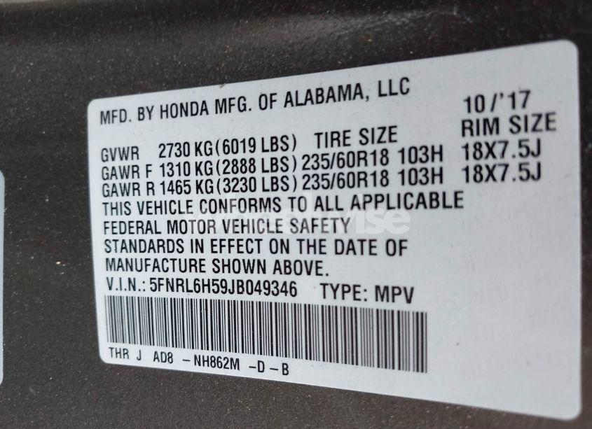 Photo 9 of 2018 Honda Odyssey EX (VIN 5FNRL6H59JB049346)