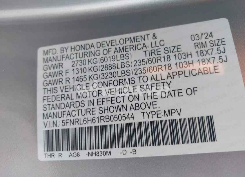 Photo 9 of 2024 Honda Odyssey EX-L (VIN 5FNRL6H61RB050544)