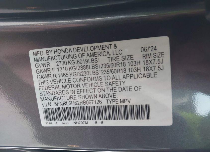 Photo 9 of 2024 Honda Odyssey EX-L (VIN 5FNRL6H62RB067126)