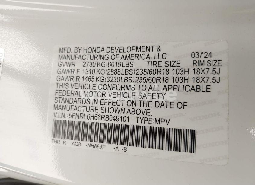 Photo 9 of 2024 Honda Odyssey EX-L (VIN 5FNRL6H66RB049101)