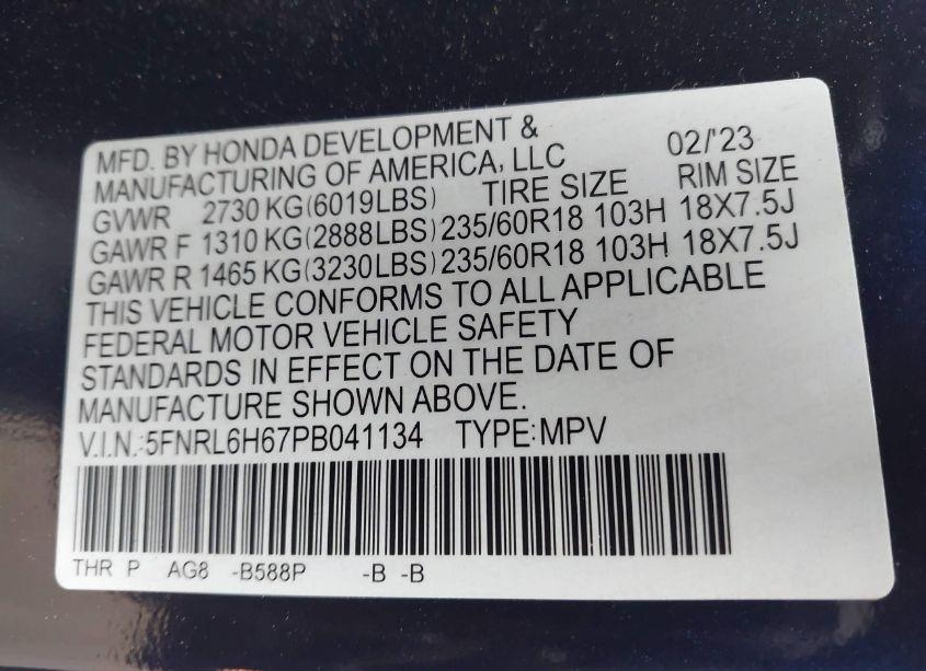 Photo 9 of 2023 Honda Odyssey EX-L (VIN 5FNRL6H67PB041134)