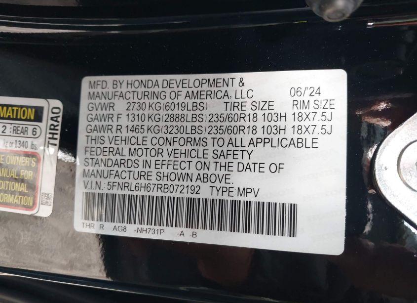 Photo 9 of 2024 Honda Odyssey EX-L (VIN 5FNRL6H67RB072192)