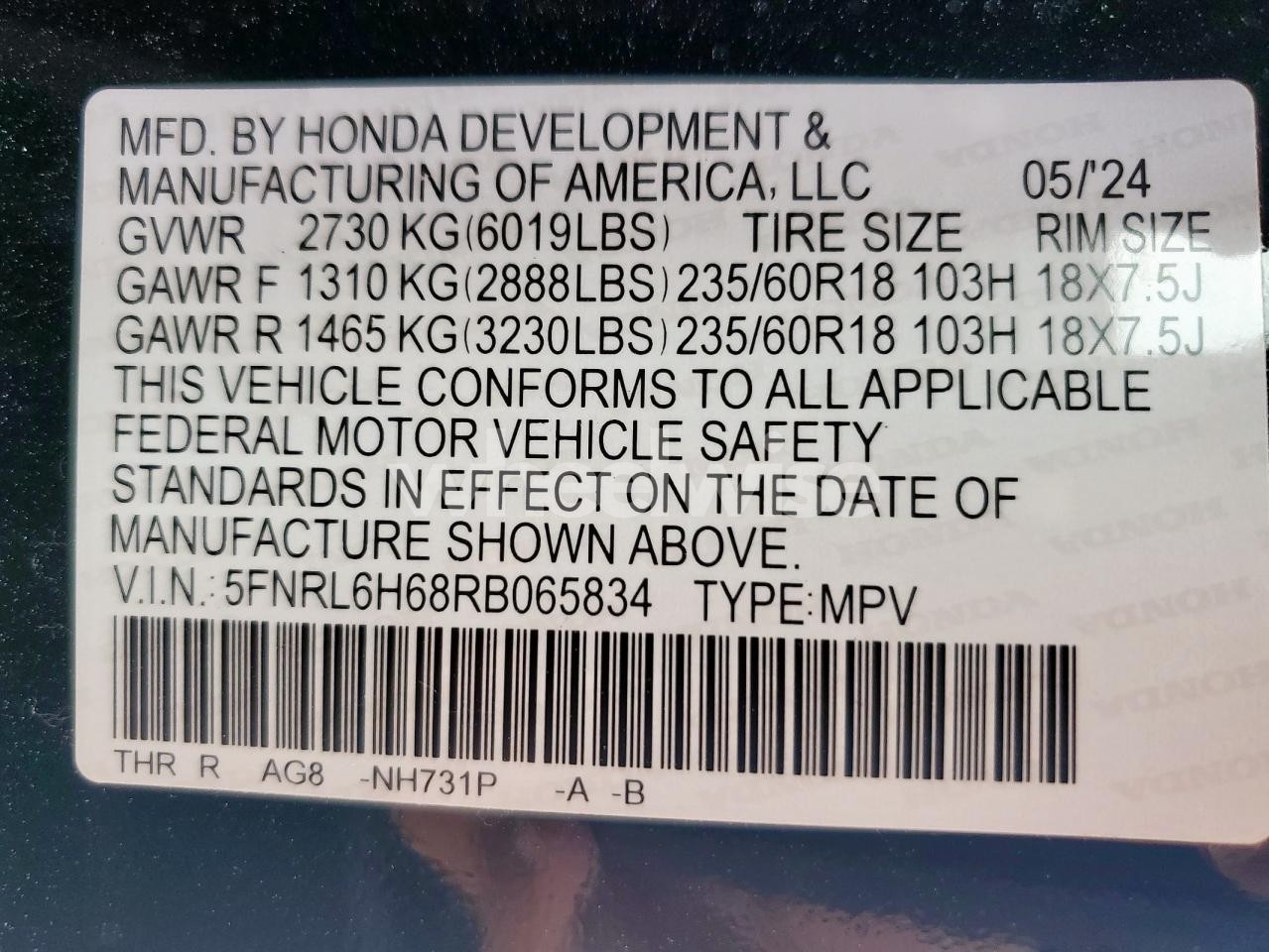 Photo 13 of 2024 HONDA ODYSSEY EXL (VIN 5FNRL6H68RB065834)