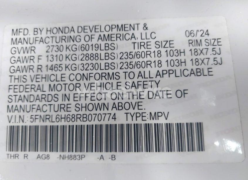 Photo 9 of 2024 Honda Odyssey EX-L (VIN 5FNRL6H68RB070774)