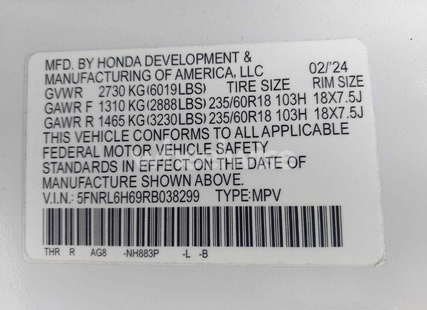 Photo 9 of 2024 Honda Odyssey EX-L (VIN 5FNRL6H69RB038299)