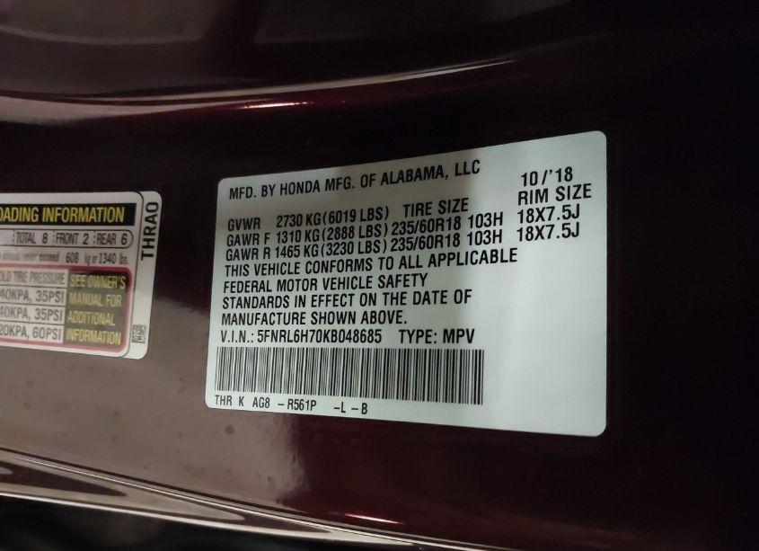 Photo 9 of 2019 Honda Odyssey EX-L (VIN 5FNRL6H70KB048685)