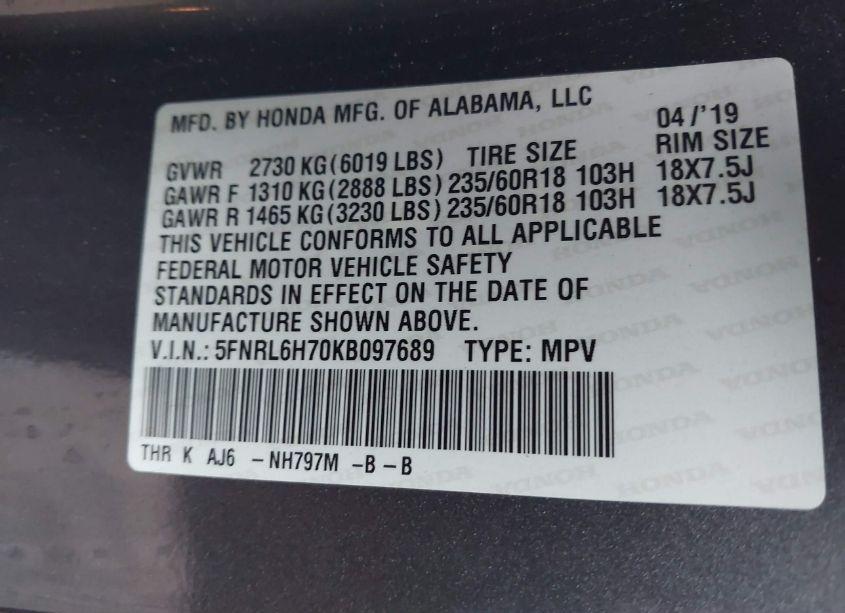 Photo 9 of 2019 Honda Odyssey EX-L (VIN 5FNRL6H70KB097689)