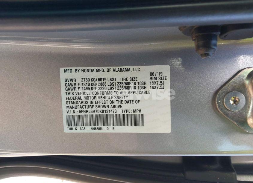 Photo 9 of 2019 Honda Odyssey EX-L (VIN 5FNRL6H70KB121473)