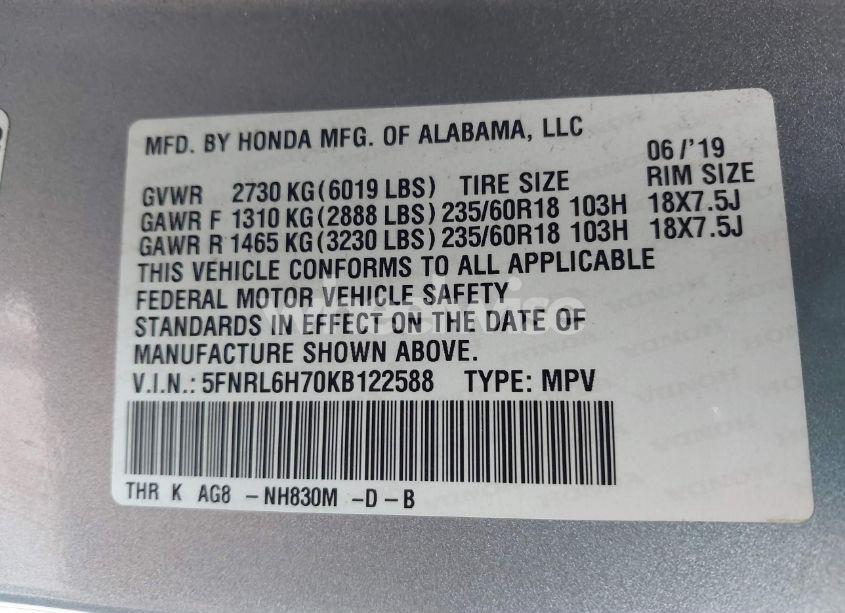 Photo 9 of 2019 Honda Odyssey EX-L (VIN 5FNRL6H70KB122588)