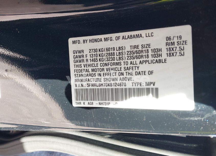 Photo 9 of 2019 Honda Odyssey EX-L (VIN 5FNRL6H70KB124678)