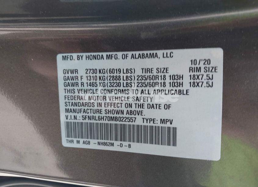 Photo 9 of 2021 Honda Odyssey EX-L (VIN 5FNRL6H70MB022557)