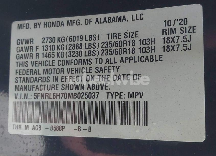 Photo 9 of 2021 Honda Odyssey EX-L (VIN 5FNRL6H70MB025037)
