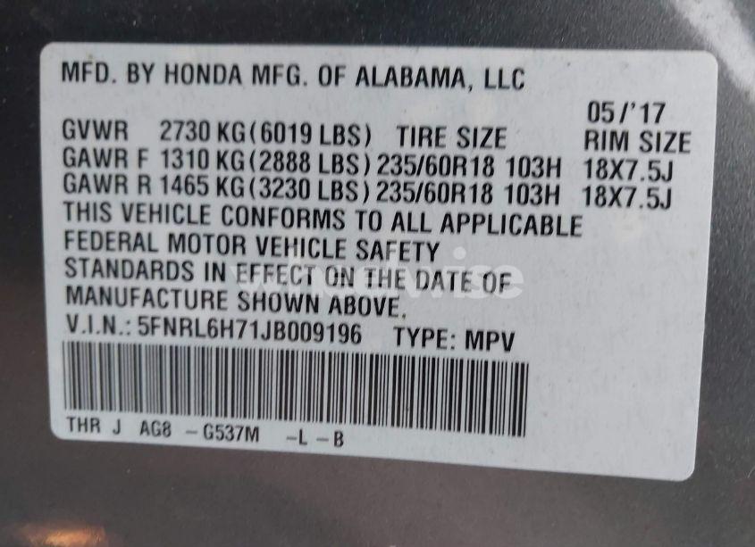 Photo 9 of 2018 Honda Odyssey EX-L (VIN 5FNRL6H71JB009196)