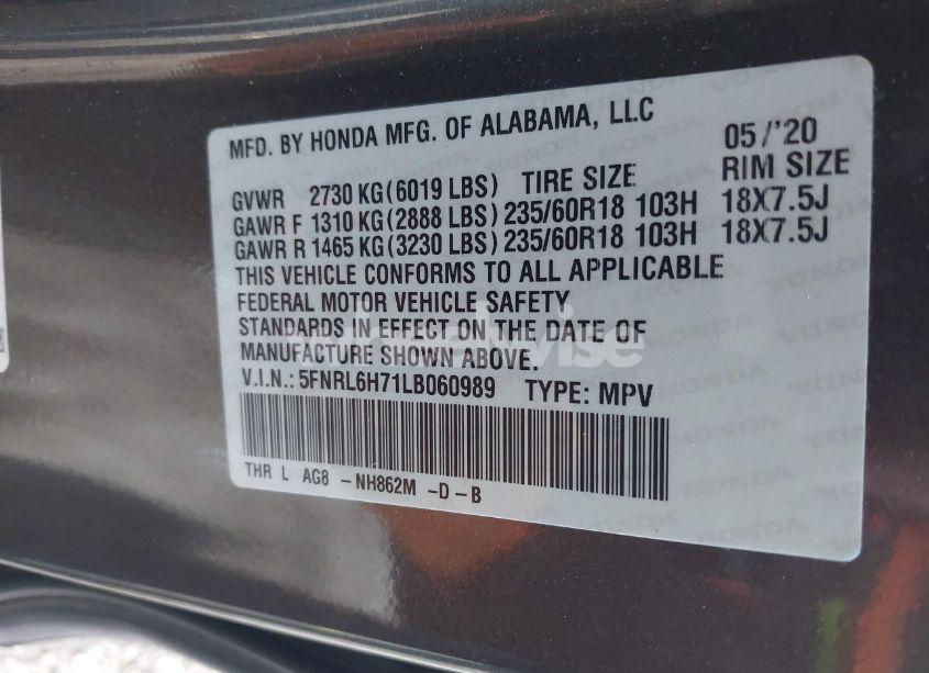 Photo 9 of 2020 Honda Odyssey EX-L/EX-L W/NAVI RES (VIN 5FNRL6H71LB060989)