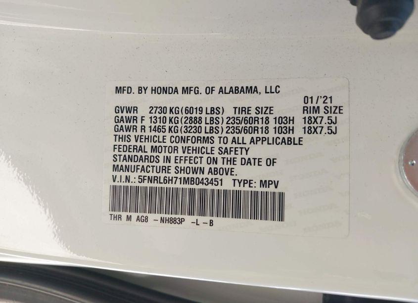 Photo 9 of 2021 Honda Odyssey EX-L (VIN 5FNRL6H71MB043451)