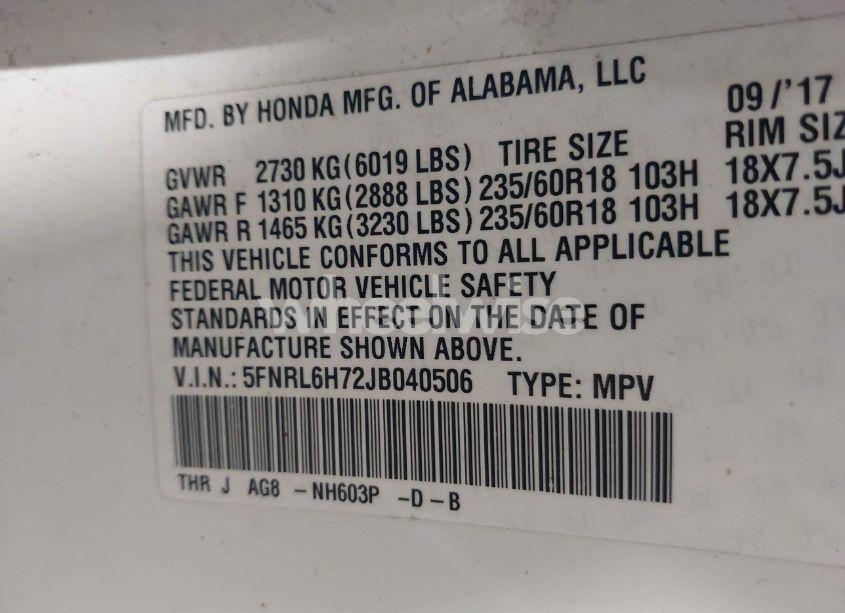 Photo 9 of 2018 Honda Odyssey EX-L (VIN 5FNRL6H72JB040506)