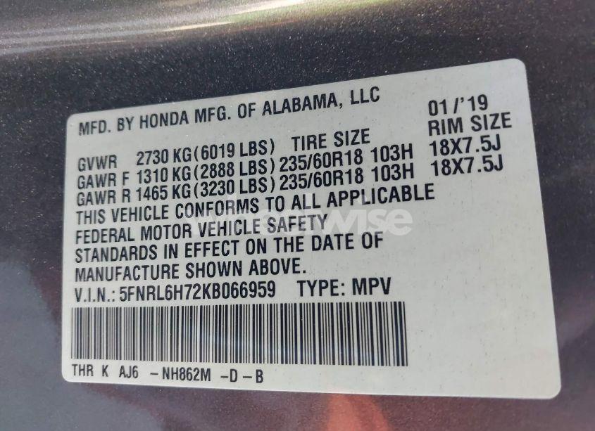 Photo 9 of 2019 Honda Odyssey EX-L (VIN 5FNRL6H72KB066959)