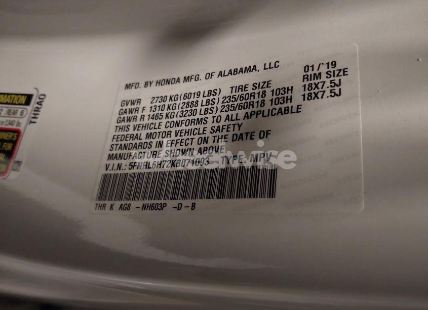 Photo 9 of 2019 Honda Odyssey EX-L (VIN 5FNRL6H72KB071093)