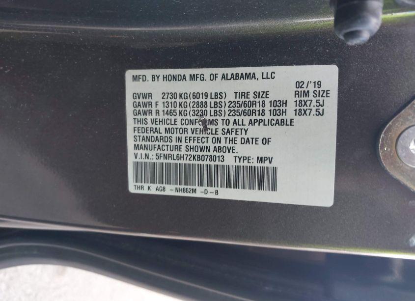 Photo 9 of 2019 Honda Odyssey EX-L (VIN 5FNRL6H72KB078013)