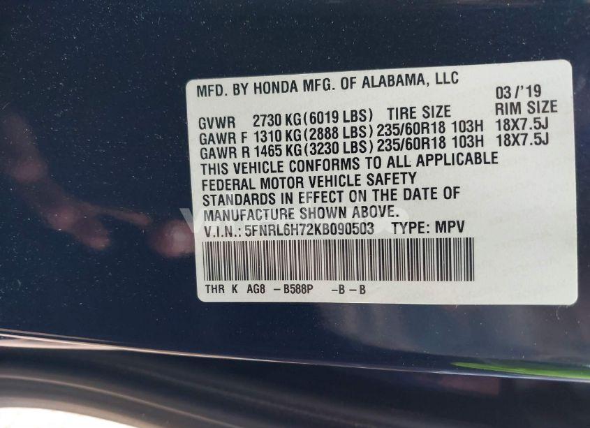 Photo 9 of 2019 Honda Odyssey EX-L (VIN 5FNRL6H72KB090503)