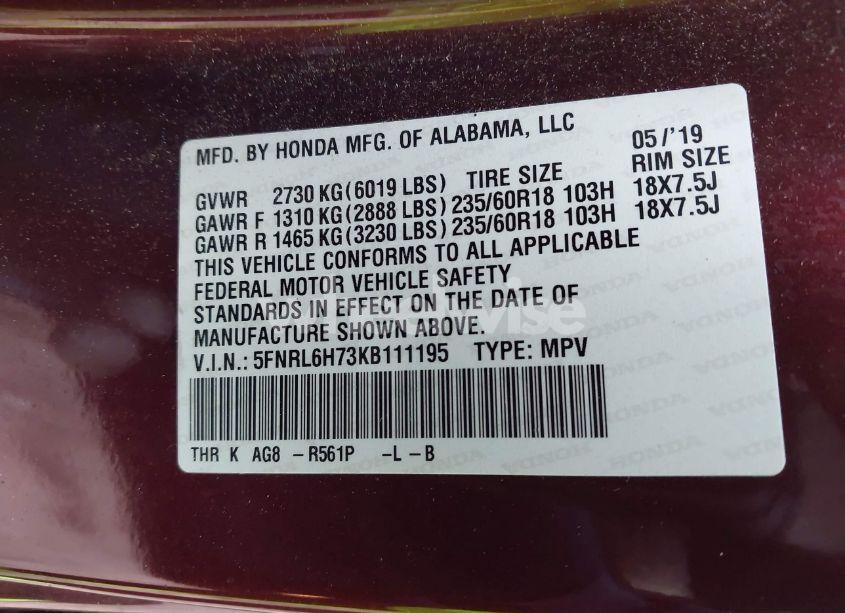 Photo 9 of 2019 Honda Odyssey EX-L (VIN 5FNRL6H73KB111195)