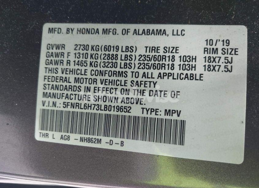 Photo 9 of 2020 Honda Odyssey EX-L/EX-L W/NAVI RES (VIN 5FNRL6H73LB019652)