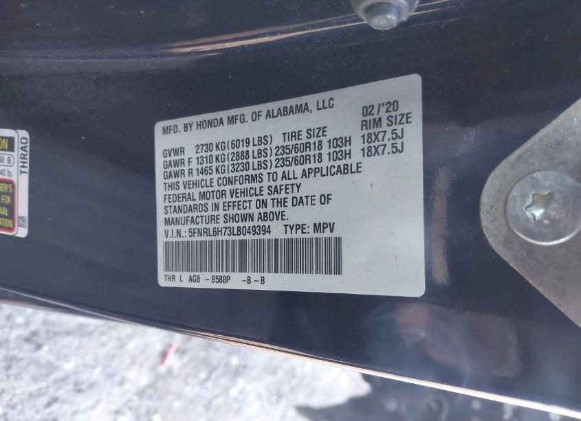 Photo 9 of 2020 Honda Odyssey EX-L/EX-L W/NAVI RES (VIN 5FNRL6H73LB049394)