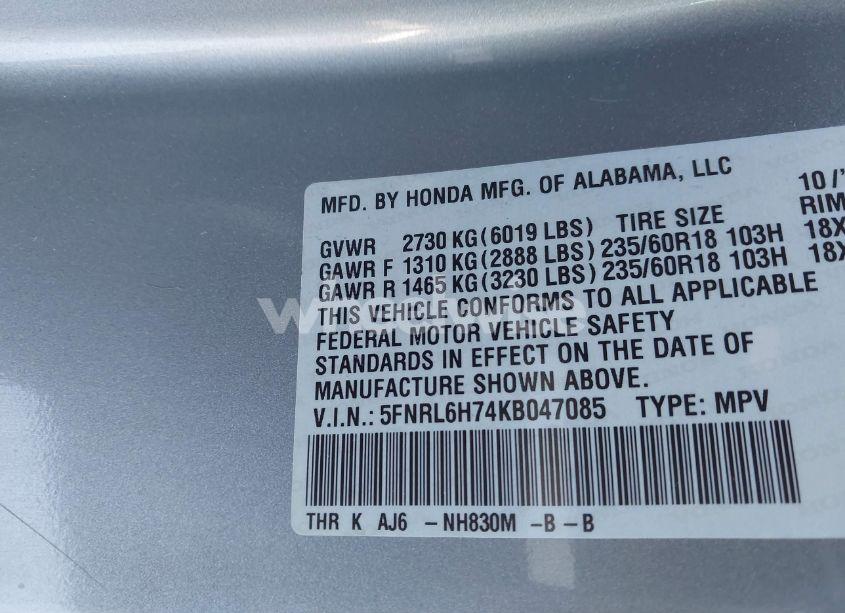 Photo 9 of 2019 Honda Odyssey EX-L (VIN 5FNRL6H74KB047085)