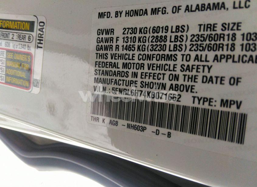 Photo 9 of 2019 Honda Odyssey EX-L (VIN 5FNRL6H74KB071662)