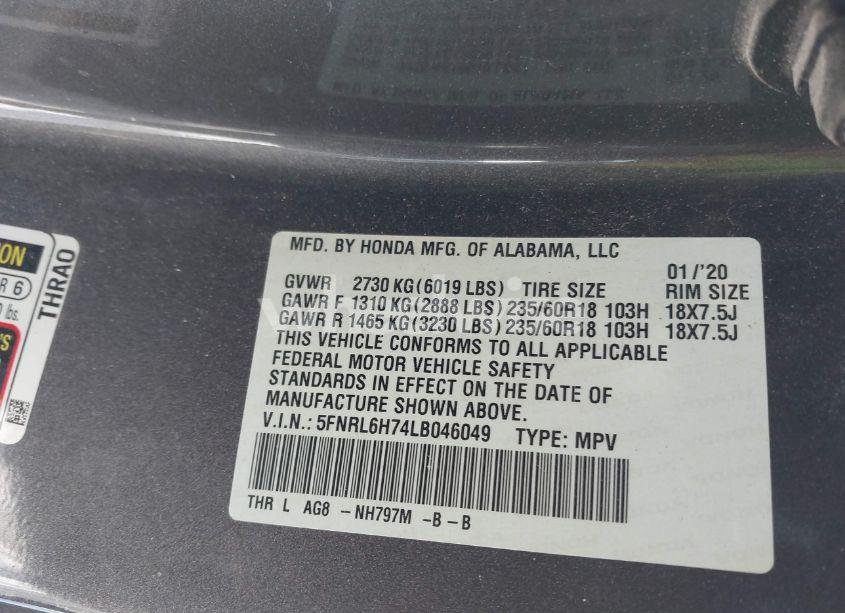 Photo 9 of 2020 Honda Odyssey EX-L/EX-L W/NAVI RES (VIN 5FNRL6H74LB046049)