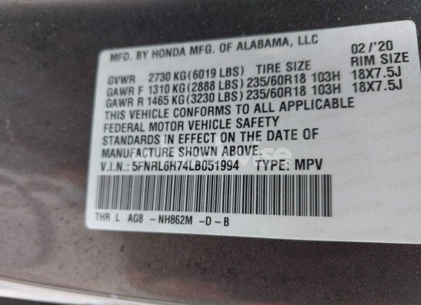 Photo 9 of 2020 Honda Odyssey EX-L/EX-L W/NAVI RES (VIN 5FNRL6H74LB051994)