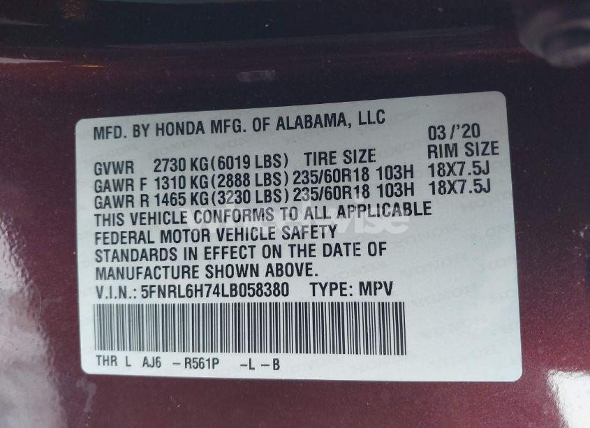 Photo 9 of 2020 Honda Odyssey EX-L/EX-L W/NAVI RES (VIN 5FNRL6H74LB058380)