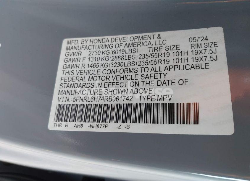 Photo 9 of 2024 Honda Odyssey SPORT (VIN 5FNRL6H74RB061742)