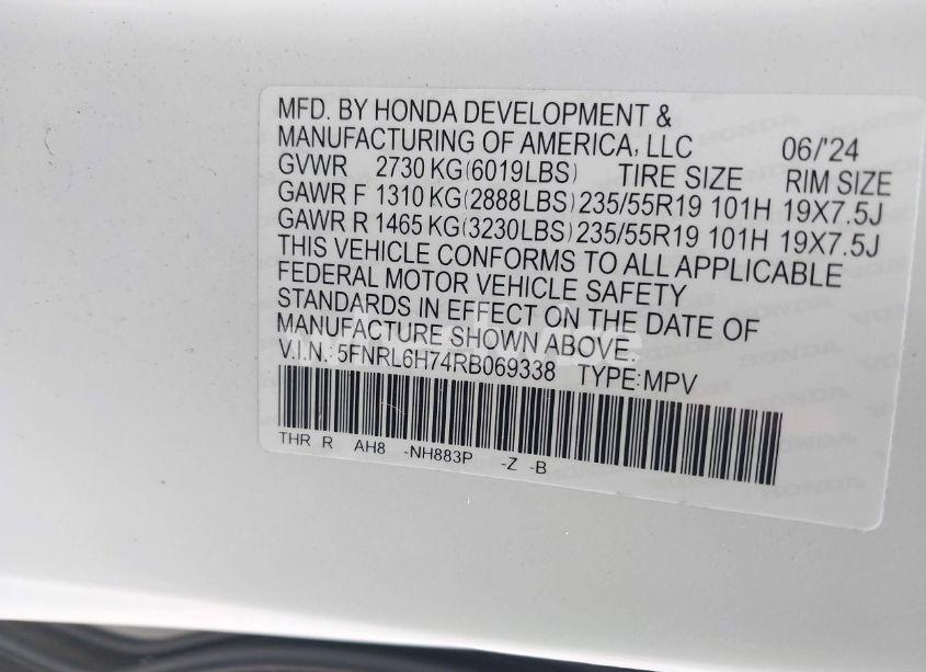 Photo 9 of 2024 Honda Odyssey SPORT (VIN 5FNRL6H74RB069338)