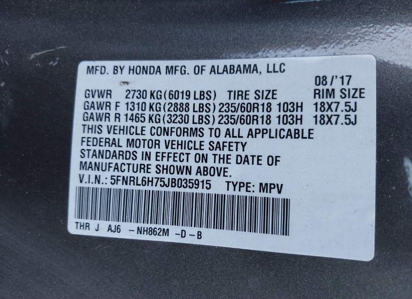 Photo 9 of 2018 Honda Odyssey EX-L (VIN 5FNRL6H75JB035915)