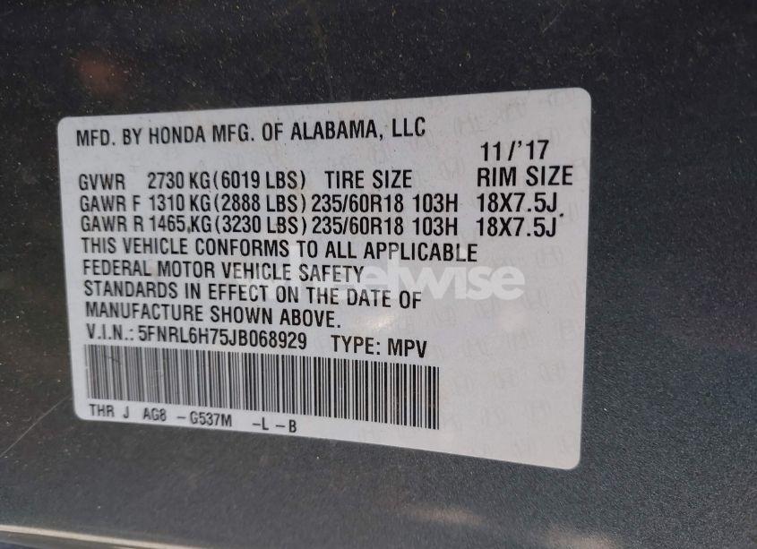 Photo 9 of 2018 Honda Odyssey EX-L (VIN 5FNRL6H75JB068929)